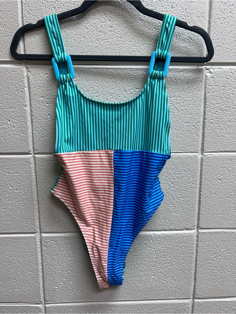 aerie Colorblock Striped One-Piece Swimsuit in Teal, Blue & Pink